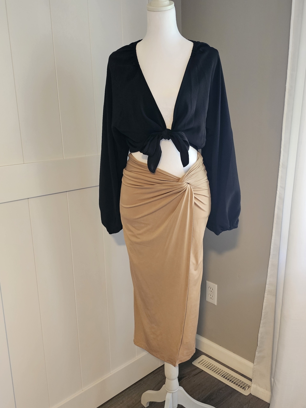 Express Twist-Detail Midi Skirt in Camel